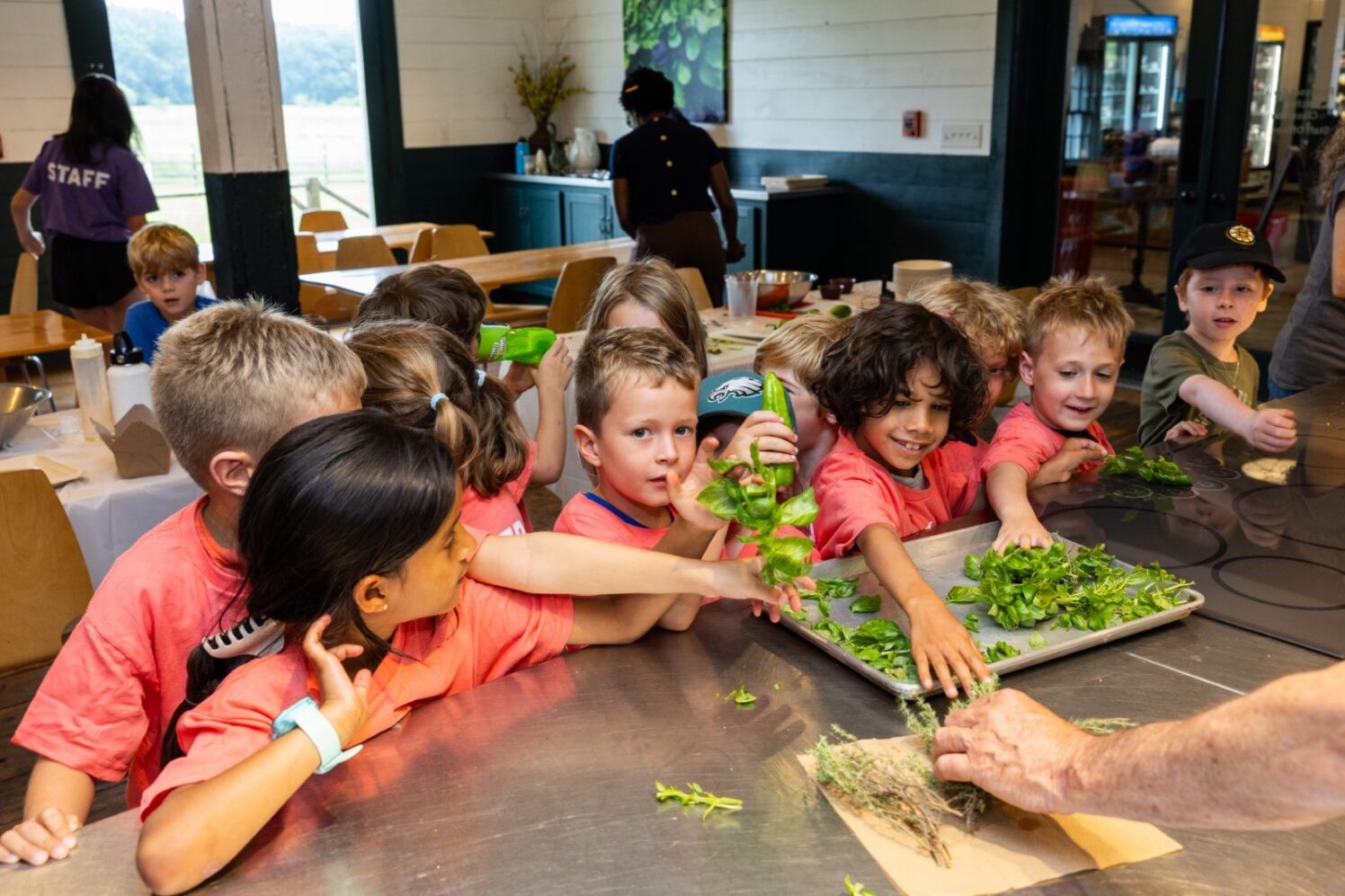 Children at camp piling greens onto a tray